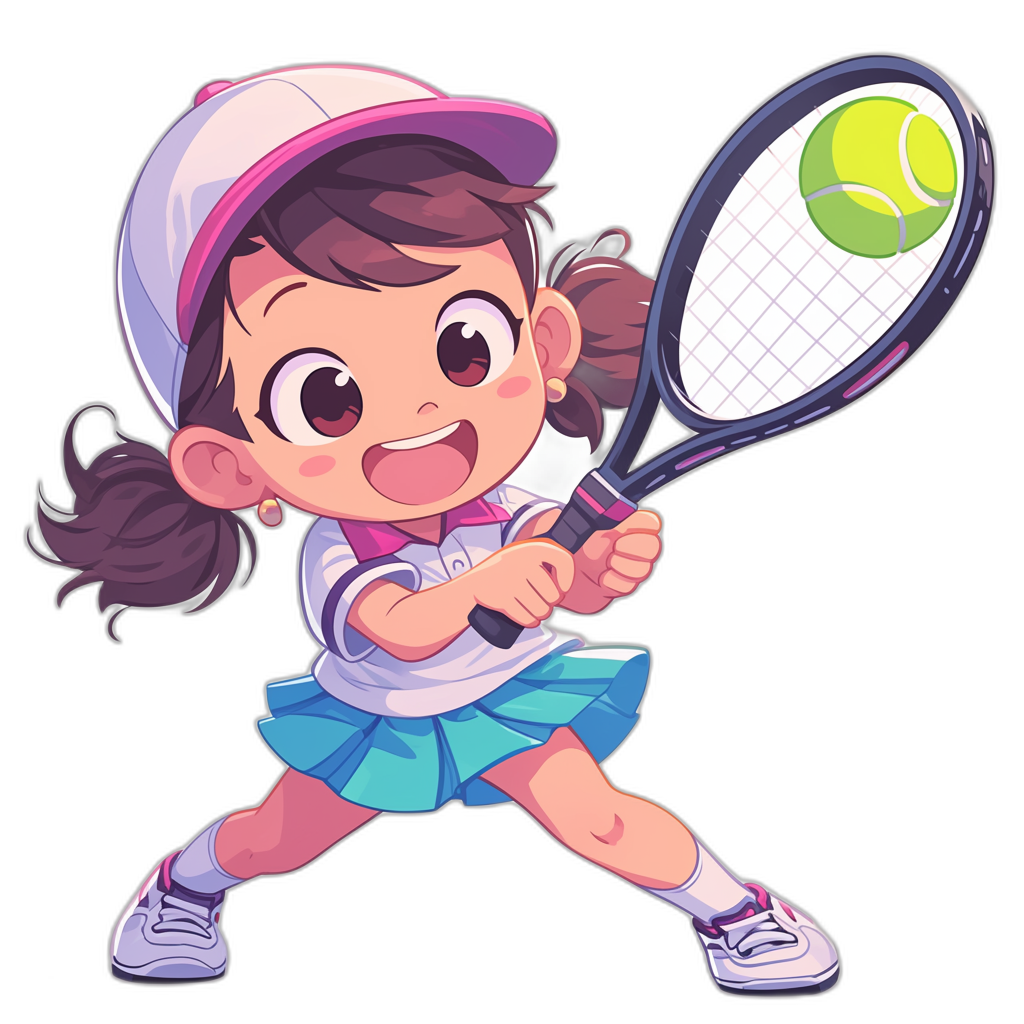 Cute little girl playing tennis, vector illustration in the style of chibi style, wearing a white cap and pink tshirt with a blue skirt, holding a racket with a ball flying around it, full body shot, black background, 2D design, simple shapes, bright colors, vector art, vector sticker art, vector logo for stickers, 8k resolution, high detail, no shadows, high contrast, in the style of hyper realistic, in the style of hyper detailed.