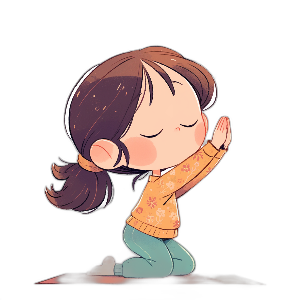 A cute little girl is kneeling on the ground, praying with her eyes closed and hands clasped together. The illustration style should be simple and colorful, with a cartoon character design in the style of a simple character on a black background. She has medium-length brown hair tied back in a ponytail. Her face features soft facial contours, round cheeks, big ears, long eyelashes, and fair skin color. She is wearing an orange sweater top and green pants in a full body portrait with a high definition, 2D flat design.