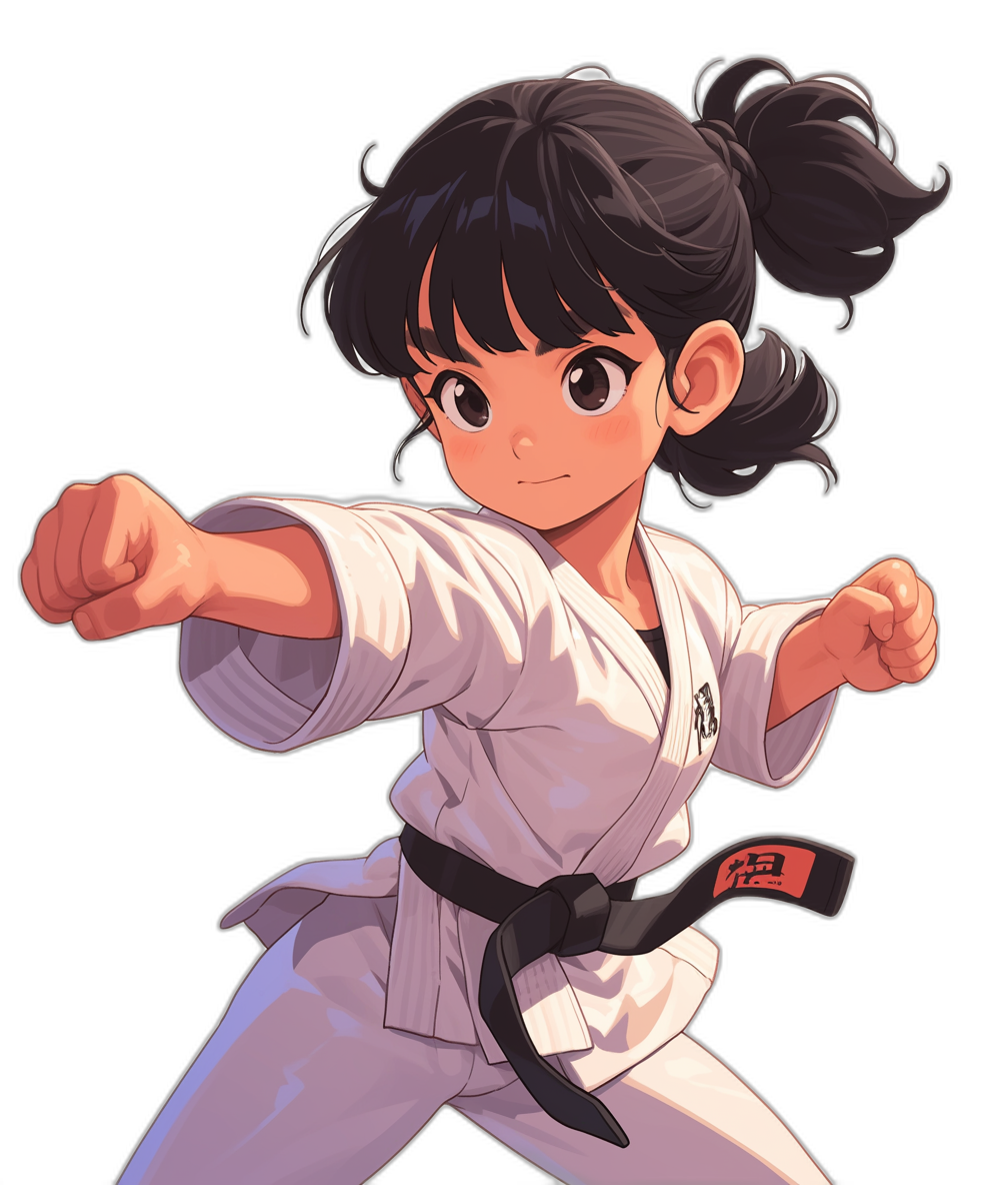 A young girl in white karate robes with a black belt, striking dynamic poses for the game art style. She has short hair tied back into two ponytails and is smiling. The background of her character design should be a plain black to highlight her features and expressions. Her eyes have an expression in the style of anime that adds depth and emotion while maintaining simplicity. This fullbody portrait captures both front view and side views of female characters in action poses.