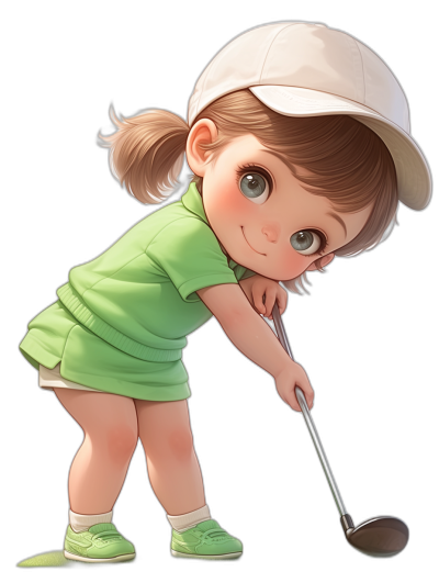 A cute little girl playing golf, wearing green short sleeves and a white cap with a ponytail hairstyle, anime cartoon illustration in the style of, black background, high quality.