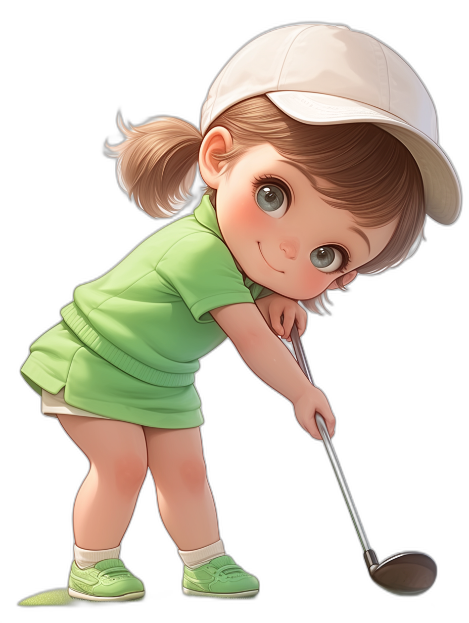 A cute little girl playing golf, wearing green short sleeves and a white cap with a ponytail hairstyle, anime cartoon illustration in the style of, black background, high quality.