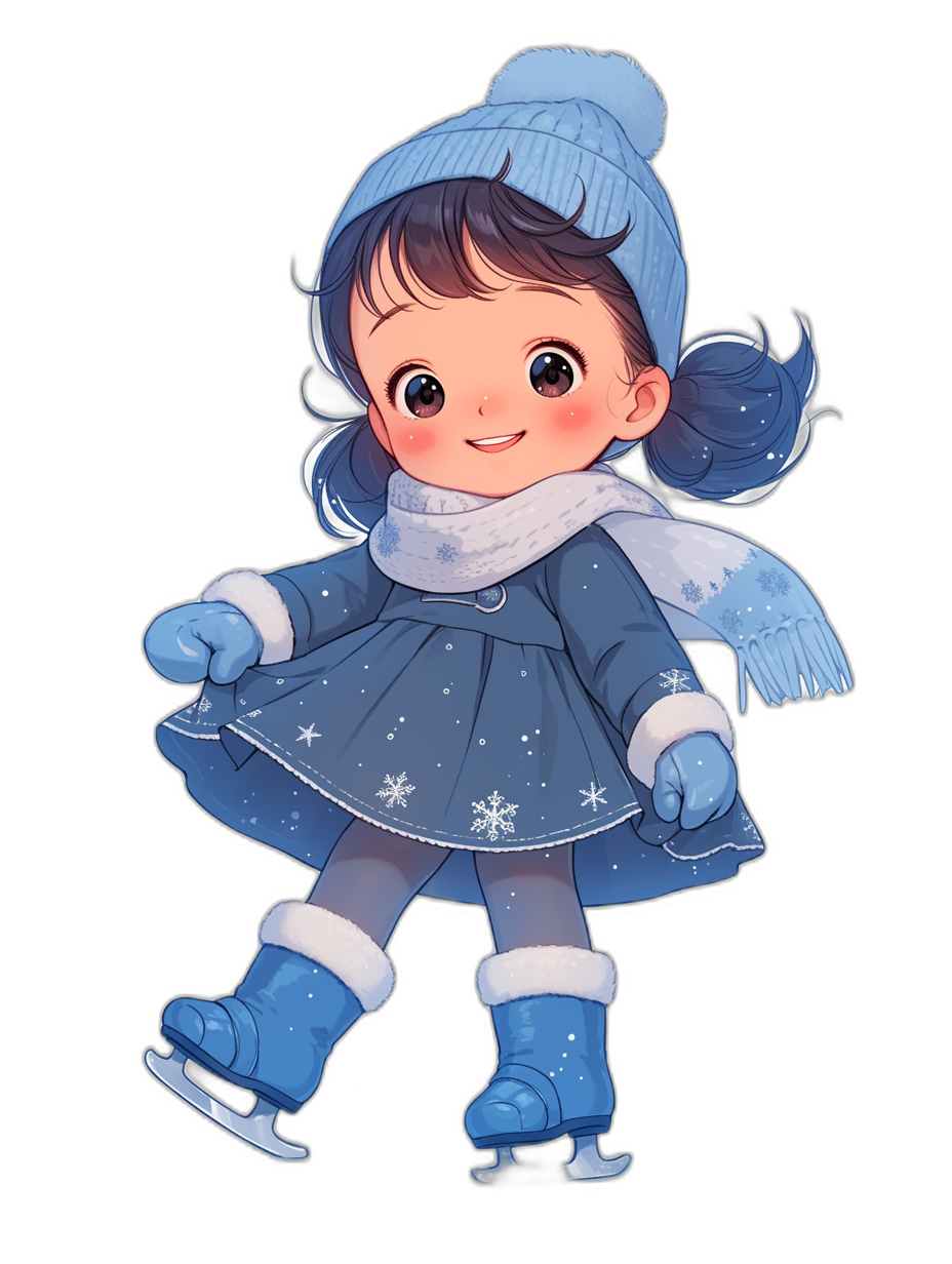 A cute little girl in blue dress, white scarf and hat ice skating on black background, chibi style, vector illustration, full body shot, cute cartoon design, high quality, high resolution, cute expression, wearing gloves and boots with snowflakes, wearing hat and hair is curly braid, hair color dark brown, wearing gloves