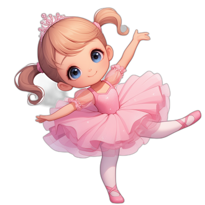 Cute ballerina in a pink dress, in the chibi style, clipart on a black background