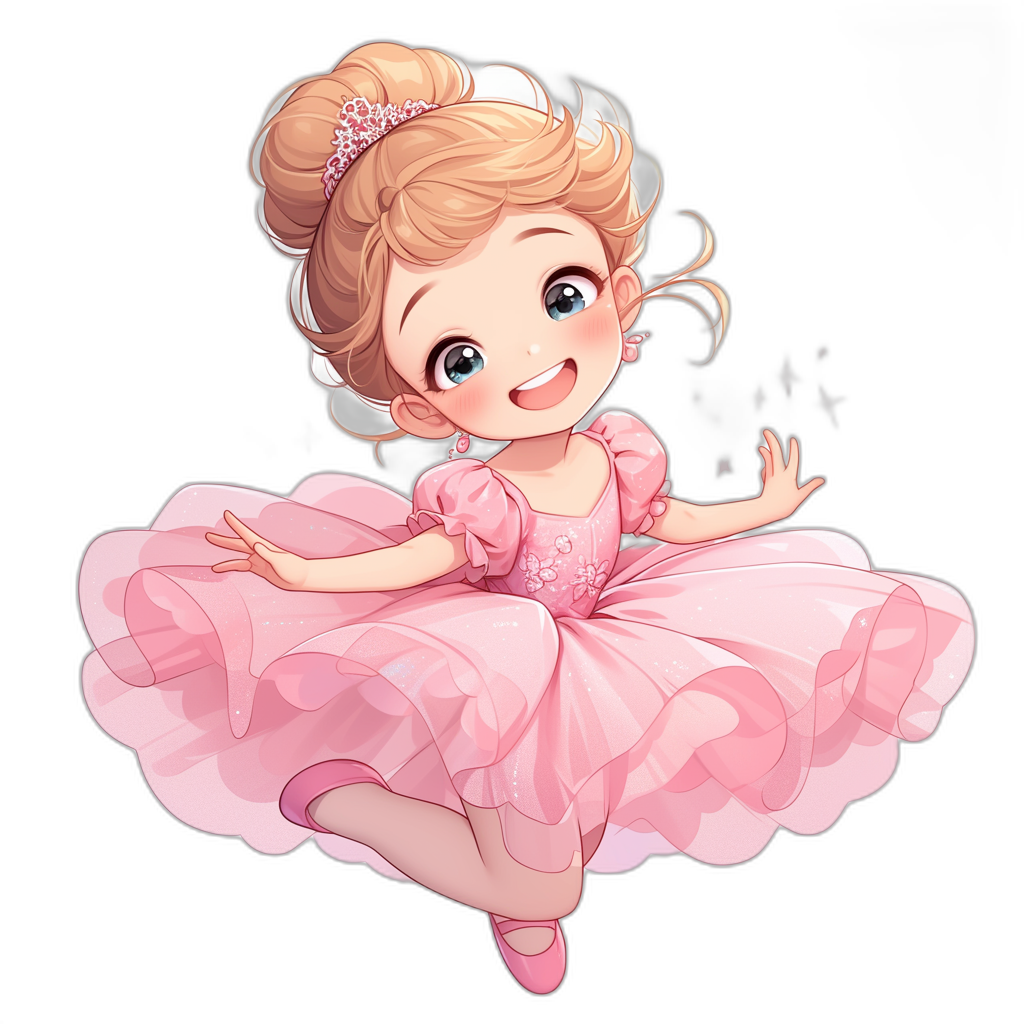 Cinderella in a pink ballerina dress, in a chibi style cartoon drawing, cute, smiling and dancing on a black background, high quality, high resolution, detailed.