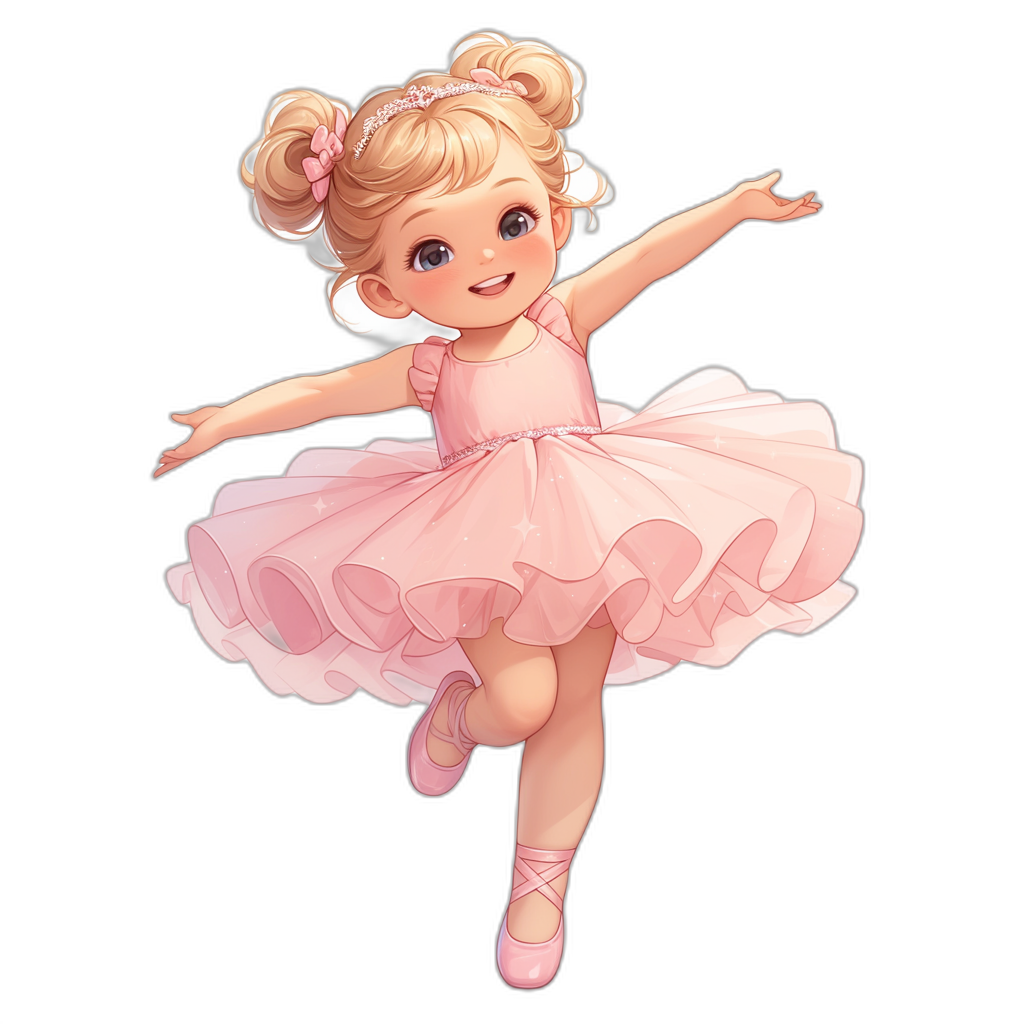 Cute blonde ballerina in a pink dress, twirling and smiling with pigtails on a black background, in the style of vector art, sticker design, cute cartoon character illustration, in the style of Disney Pixar, digital painting, high resolution, cute adorable chibi character, intricate details, super detailed, masterpiece.