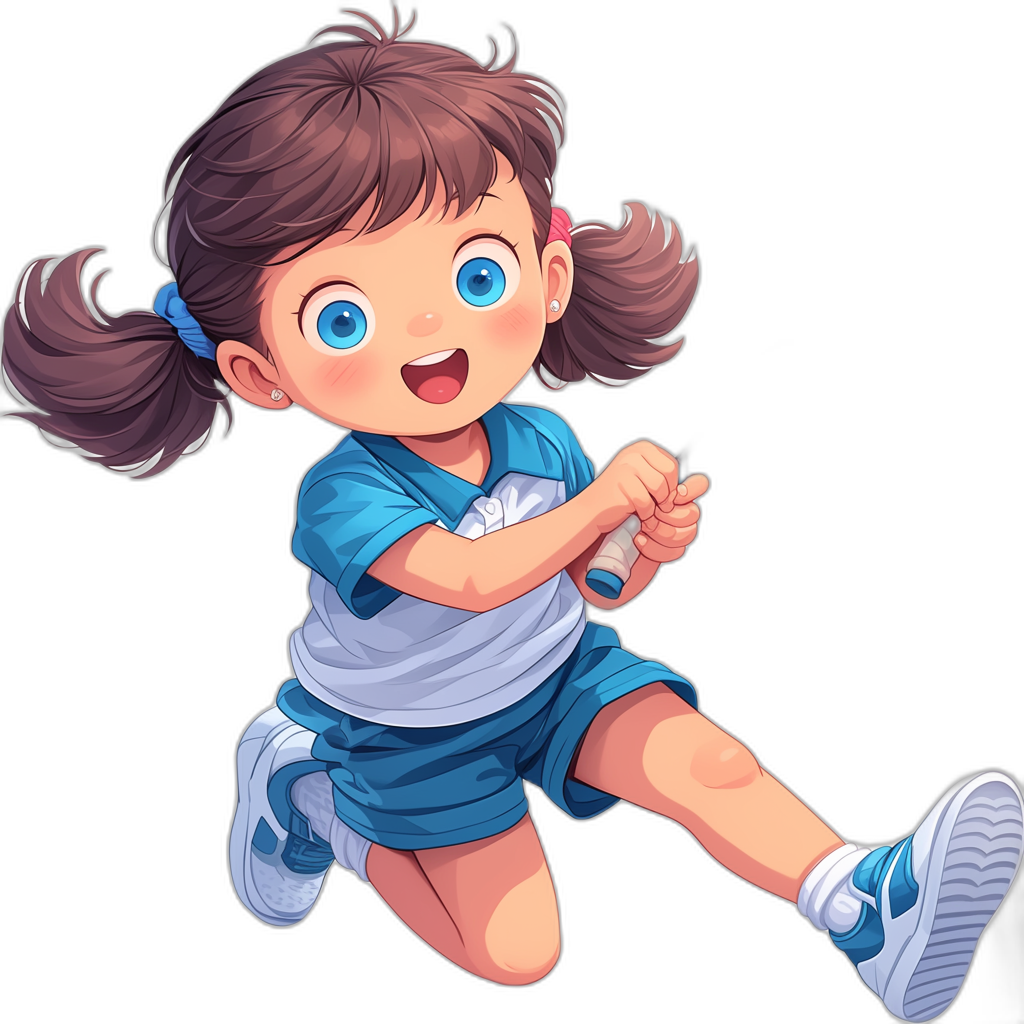 Cute little girl in blue and white sportswear, smiling happily with one foot raised to the side while running. She has brown hair tied into pigtails and big eyes with blue eye shadow. She is wearing sports shoes against a black background in the style of Japanese anime.