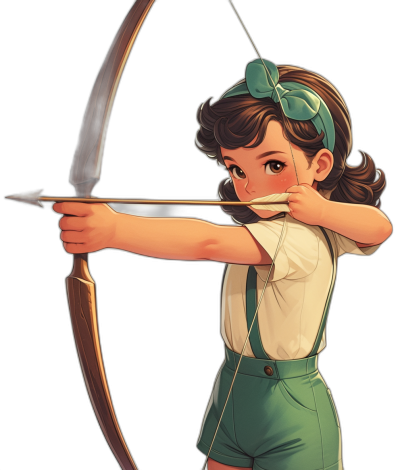 A cartoon girl with an archery bow, she is wearing green shorts and a white shirt with blue suspenders. She has brown hair in pigtails tied with a ribbon of light teal color. Her eyes have black eyeliner around them and they sparkle. The background behind her should be pure black to make it easy to vectorize the picture later on. In the style of vintage Disney or [Studio Ghibli](https://goo.gl/search?artist%20Studio%20Ghibli) cartoon. Make sure that her hands fit perfectly into both wings of the arrow.