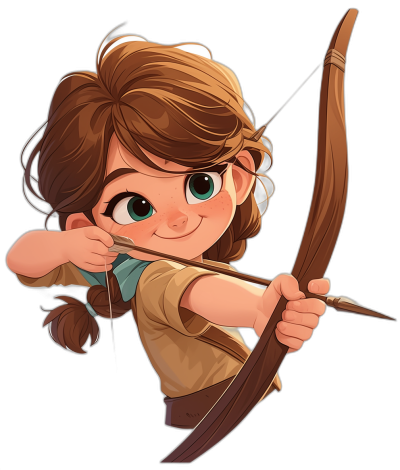 A cute cartoon illustration of an archer girl, with brown hair and green eyes, in the style of Pixar character art, on a black background, with a bow in hand ready to shoot arrows, in the Disney cartoon illustration style, in the Disney Pixar style.