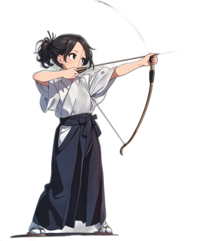 A young girl with dark hair in an archery outfit, shooting arrows. This full body shot is in the style of anime with a black background, simple lines, and flat colors. She wears simple  of a white shirt and navy blue pants. Her bow is drawn back to shoot the arrow. The cartoon character has simple facial features without shadows on her face and a simple facial expression without a mouth or lips. She stands with a simple posture in a fulllength portrait standing sideways.