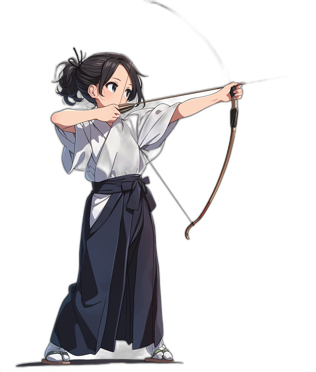 A young girl with dark hair in an archery outfit, shooting arrows. This full body shot is in the style of anime with a black background, simple lines, and flat colors. She wears simple  of a white shirt and navy blue pants. Her bow is drawn back to shoot the arrow. The cartoon character has simple facial features without shadows on her face and a simple facial expression without a mouth or lips. She stands with a simple posture in a fulllength portrait standing sideways.