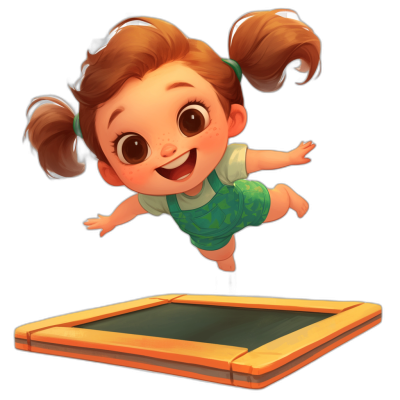 A cute little girl is jumping on the trampoline, smiling happily with her head tilted back and hair tied in two pigtails. She wears green overalls and has big brown eyes. The black background creates contrast between the character and environment. A full body shot of the girl in the style of Pixar cartoons, with high resolution. A square game icon below or above her chest displays the name 'I gloom'. In front view against an isolated black background.