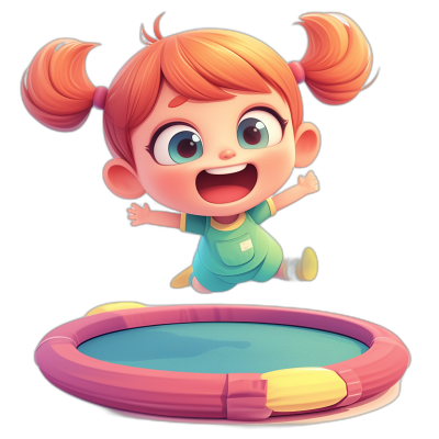 A cute cartoon girl is jumping on the trampoline, smiling happily, with big eyes and red hair pigtails, simple background, bright colors, cartoon character illustration style, black solid color background, high definition, bright lighting, lively expressions. in the style of game icon design style.