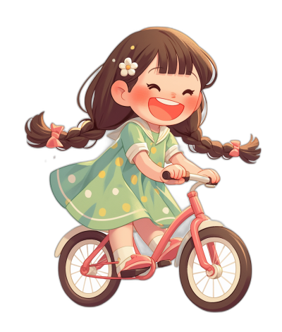 A cute little girl is riding her bike, smiling and wearing a green polka dot dress with pink shoes, with long pigtails and a flower in her hair, in the style of a simple chibi anime character design on a black background, with high quality, high resolution coloring in a cartoon illustration style.