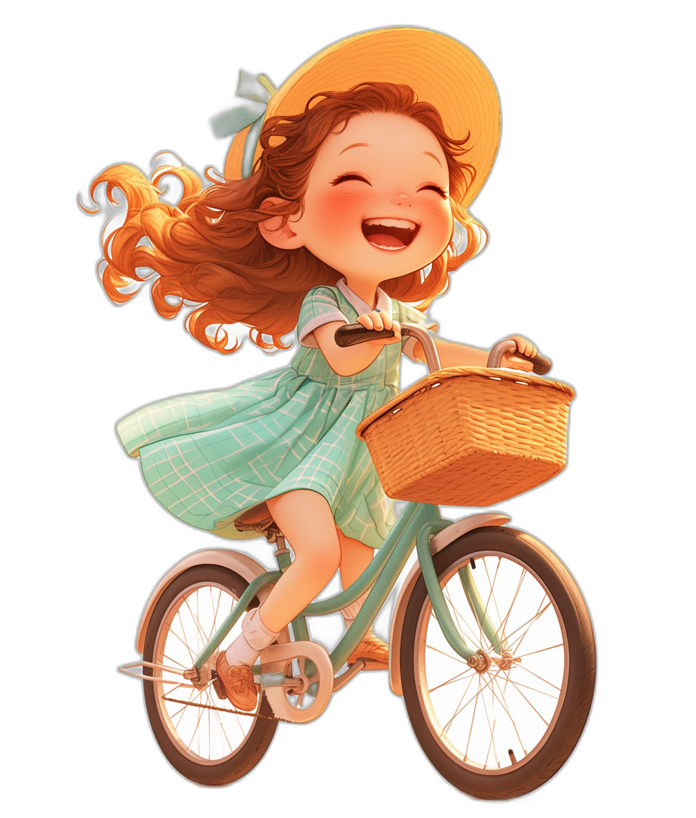 A cute little girl with red hair and a green dress riding her bicycle, smiling happily carrying the basket on top. She is wearing an orange sun hat. Cartoon style. Black background. Full body shot. Illustration in the style of [Goro Fujita](https://goo.gl/search?artist%20Goro%20Fujita).