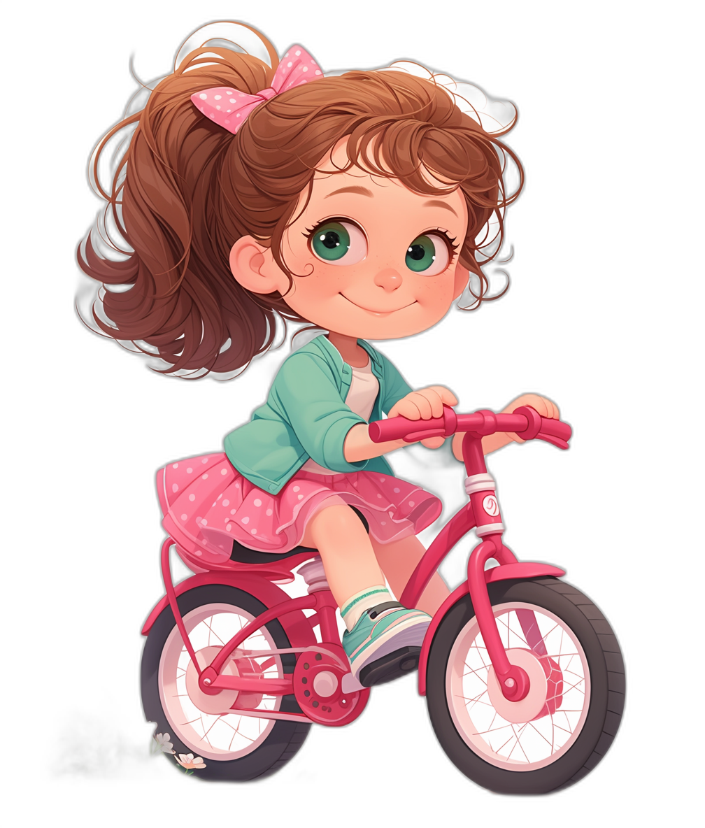 A cute little girl with brown hair in pigtails, wearing a pink polka dot skirt and a green shirt is riding her bike on a black background, in the style of a chibi character design, with vibrant colors, in a cartoon style, in the style of Disney Pixar animation, with high resolution.