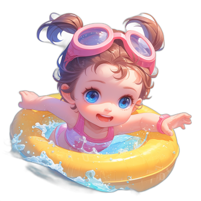 Cute baby girl character swimming in a ring in the water against a black background in the style of 2D game art with a cartoon realistic style. Colorful animation stills in pink and amber tones with character design inspired by Disney Pixar cartoon styles and a strong facial expression.