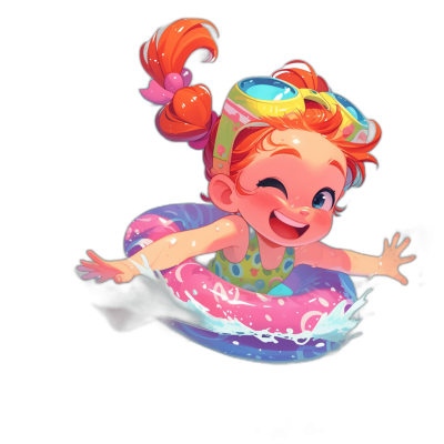 A cute baby girl with colorful hair is swimming in the pool, wearing an inflatable ring and smiling happily. The background features a black gradient color scheme in the style of Disney illustrated with bright colors and high-definition details. It features a front view, full body portrait, flat illustration in the style of watercolor, cartoon character design, 2D game art, black background.