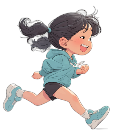 A cute little girl, smiling and running in blue sportswear with black shorts on her lower body. She has dark hair tied back in two pigtails. The background is pure black, with an anime style character design. Her shoes have white soles and light cyan laces. In the style of [Hayao Miyazaki](https://goo.gl/search?artist%20Hayao%20Miyazaki)'s 'Spirited Away', she exudes confidence as if she were flying. High resolution, detailed details, full body portrait, front view.