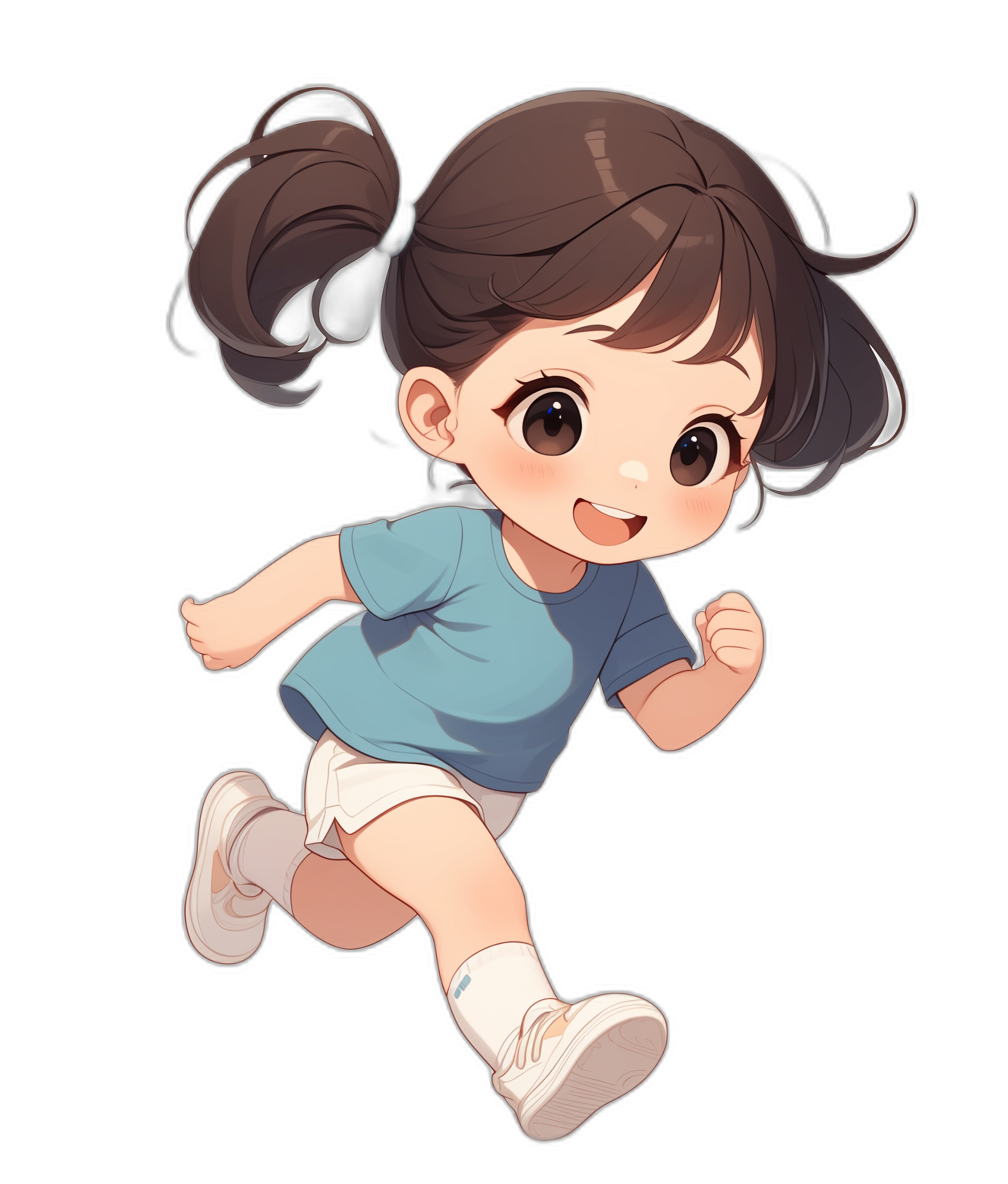 A cute little girl with dark brown hair in pigtails, wearing white shorts and blue tshirt is running, smiling. The illustration style should be anime or chibi, with vibrant colors against black background. She has big eyes and an adorable expression on her face. Her outfit includes short pants and sneakers for the sporty look.