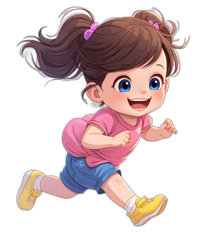 a cute little girl, running pose, smiling face, pink shirt and blue shorts with yellow shoes, big eyes, brown hair in ponytail style, black background, chibi anime character design, 2d game art