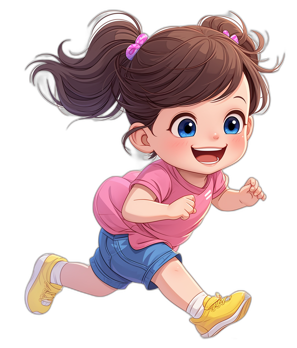 a cute little girl, running pose, smiling face, pink shirt and blue shorts with yellow shoes, big eyes, brown hair in ponytail style, black background, chibi anime character design, 2d game art