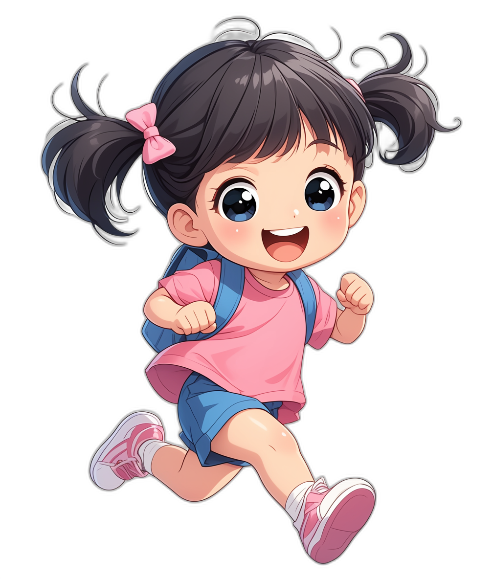 A cute little girl, smiling and running with short black hair in pigtails, wearing a pink shirt, blue shorts, and white sneakers with a backpack on her back. Simple chibi anime style character design in the style of anime, black background, colorful cartoon illustration, high resolution.