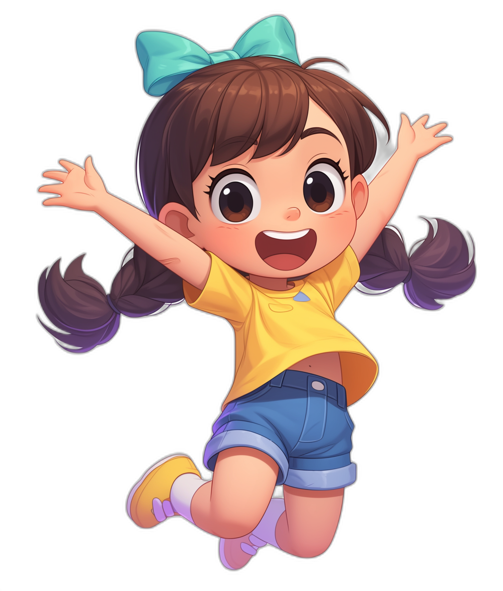 A cute little girl is jumping up and down with her hands in the air, wearing a yellow t-shirt and blue shorts. She has big eyes, brown hair in two ponytails, and is smiling. The style is colorful cartoon with a black background. It is a full body portrait in the style of 2D game art from the front view.