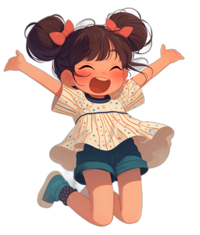 Cute little girl with a happy expression jumping up with hands raised in the air, wearing short sleeves and blue shorts and smiling. White polka dot shirt with hair tied into two ponytails on top of her head and big eyes with high definition details. Japanese anime style illustration in the style of a cute cartoon character design with a black background.