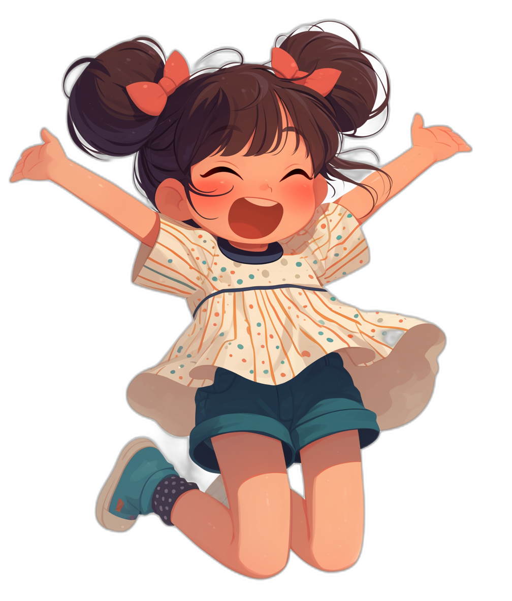 Cute little girl with a happy expression jumping up with hands raised in the air, wearing short sleeves and blue shorts and smiling. White polka dot shirt with hair tied into two ponytails on top of her head and big eyes with high definition details. Japanese anime style illustration in the style of a cute cartoon character design with a black background.