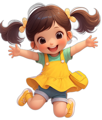 Cute cartoon girl, jumping up with hands raised in the air, big eyes, yellow skirt and shoes, smiling expression, double ponytail hair style, black background, character design in the style of Disney Pixar, high resolution, cute little baby asian face, in