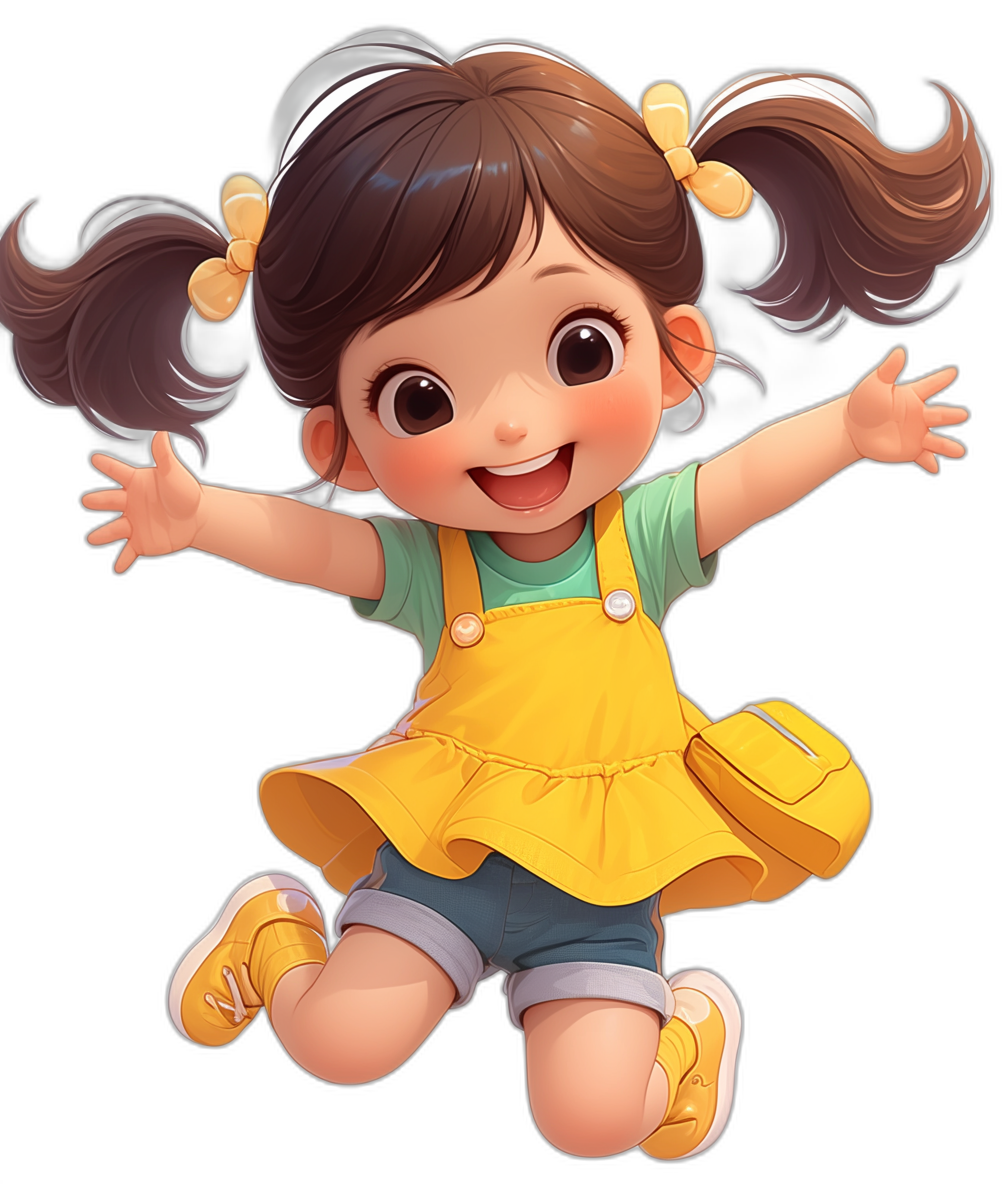 Cute cartoon girl, jumping up with hands raised in the air, big eyes, yellow skirt and shoes, smiling expression, double ponytail hair style, black background, character design in the style of Disney Pixar, high resolution, cute little baby asian face, in