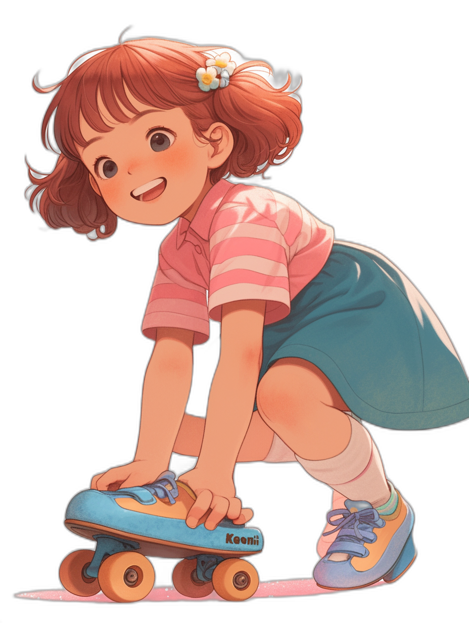 A cute little girl is playing with roller skates, she has short brown hair and bangs, wearing a pink striped shirt and blue skirt, smiling face, in the style of [Hayao Miyazaki](https://goo.gl/search?artist%20Hayao%20Miyazaki), flat illustration, full body portrait, front view, high resolution, add details, sharp focus, high quality, high detail, in the style of hyperrealism, high resolution, in the style of hyper realism, hyper detailed, masterpiece, 32k