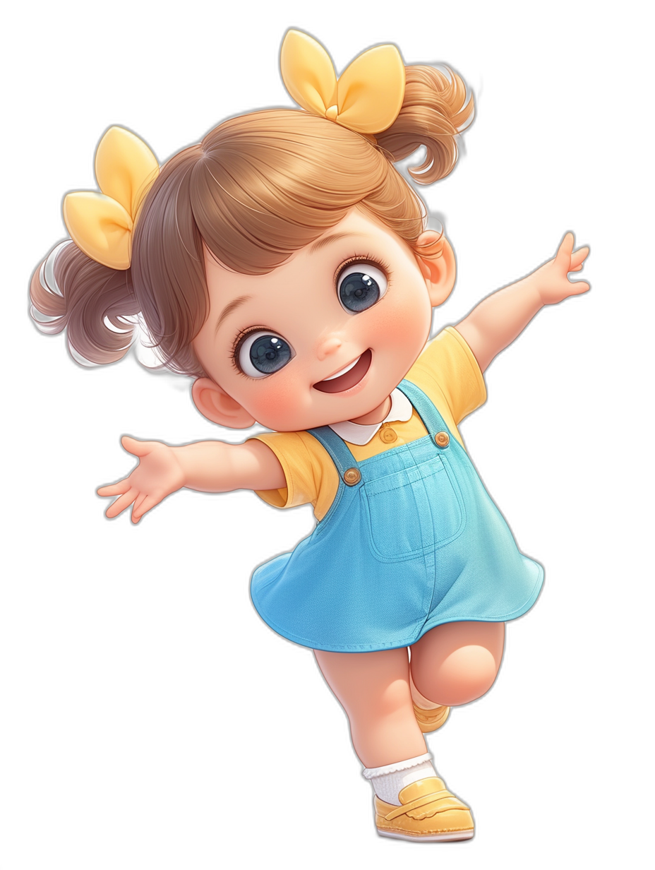 A cute baby girl in yellow and blue, with a happy expression, in a full body portrait with pigtails on a black background, in a jumping pose, in the style of a cartoon character illustration with big eyes, a happy smile, bright colors, soft lighting, high saturation, rich details, and a lively atmosphere.