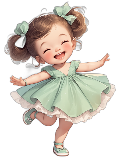 A cute baby girl in green dress with pigtails and shoes smiling happily, jumping pose, chibi style, character design for mobile game, 2d art illustration, solid black background, full body portrait, front view, detailed hair texture, wearing light blue ribbon on head