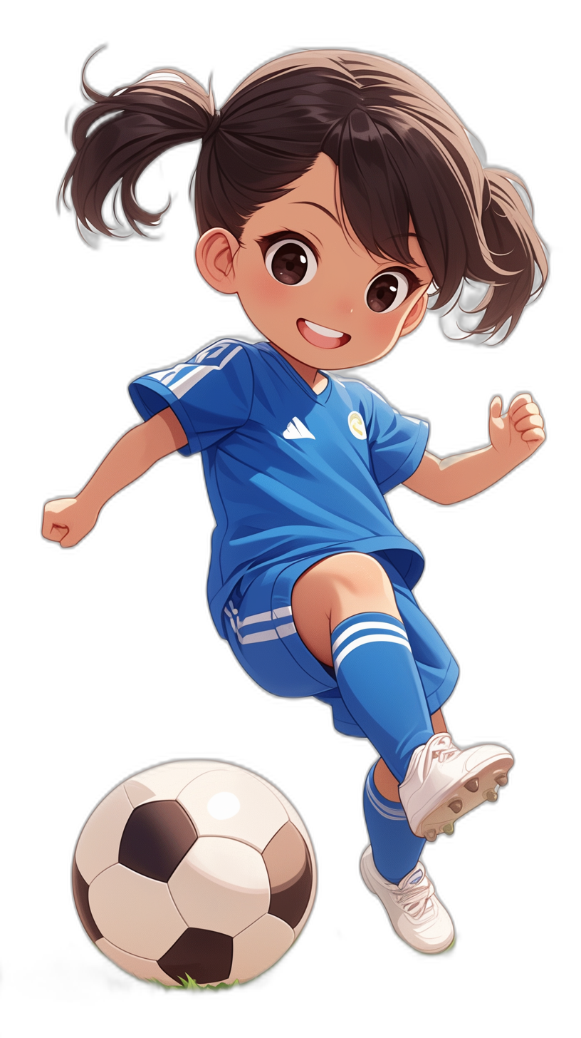 A cute little girl in blue soccer uniform, with dark brown hair and bangs, kicking the ball on black background, chibi style, vector illustration, 2D game art, high resolution, high quality, high detail, high definition, sharp focus, high details, high resolution, anime, cartoon character design