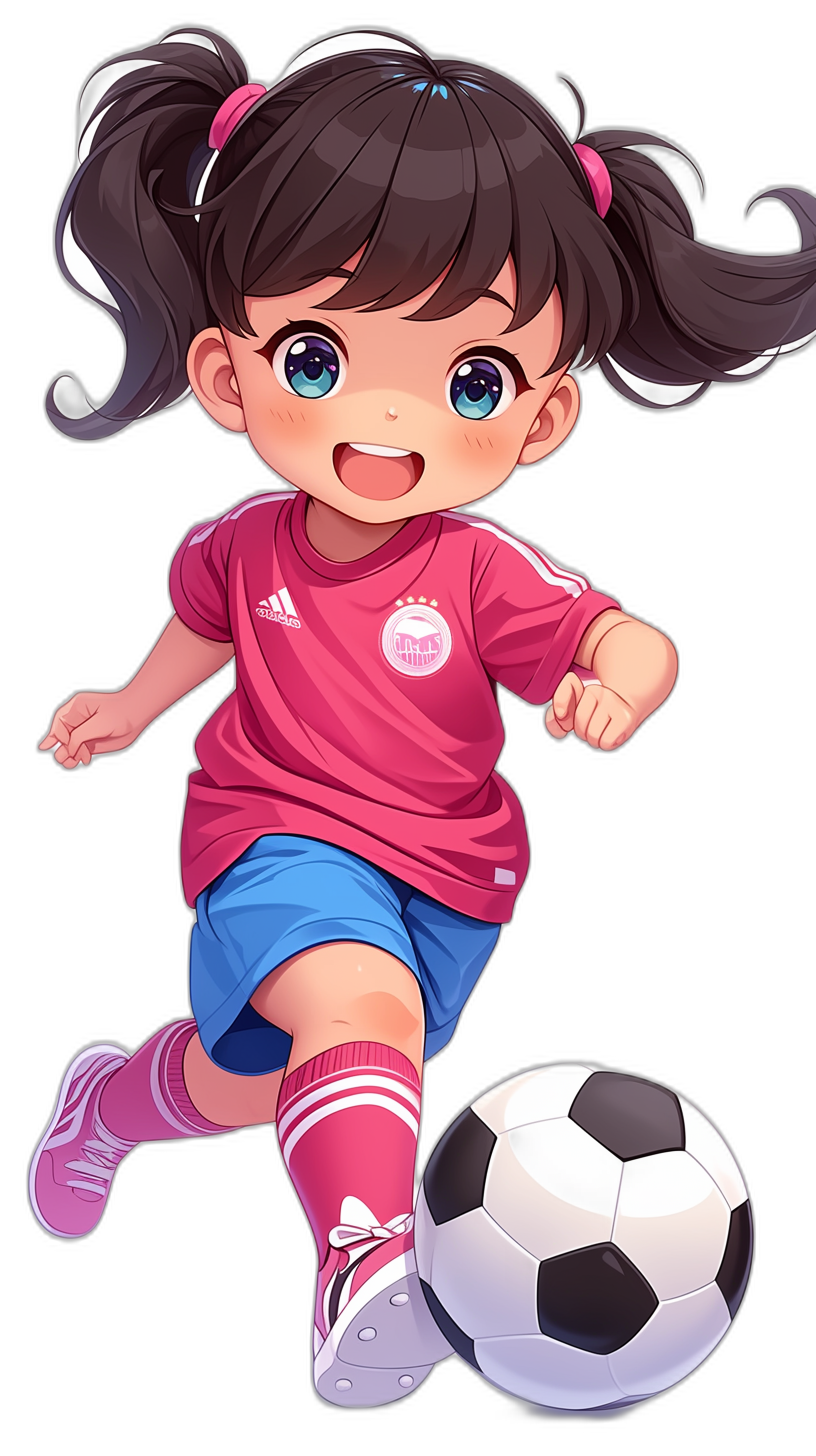 cute little girl playing soccer, with a pink tshirt and blue shorts with red socks, against a black background, in the cartoon style, in the chibi anime artstyle, with pink shoes, with a big smile on her face, with cute baby brown pigtails, a character design for a mobile game, with a football ball in the air near her foot and legs.