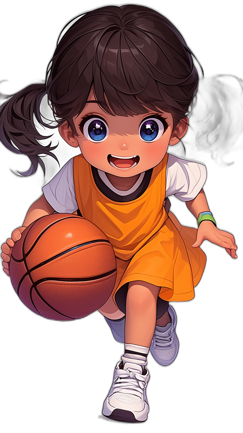 Cute girl playing basketball with a happy expression in a full body portrait against a black background in the simple style. Chibi anime character design of a cartoon cute character illustration, wearing an orange dress and white shoes with dark brown hair with bangs and blue eyes, hand drawn illustration with a basketball in one of her hands, high quality, high resolution detail rendering with bright colors in high definition in the style of a simple cartoon.