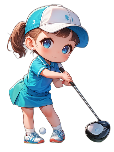 Chibi style, full body of a little girl playing golf in the style of a blue and white uniform, black background, cartoon, anime, cute, wearing a cap hat, brown hair in a ponytail, big eyes, white shoes, holding a driver club, hitting a ball, high quality, colorful, simple lines, white dress shirt, blue skirt.