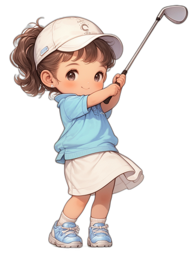 A cute little girl is playing golf, wearing a white cap and blue short-sleeved shirt with a skirt in the style of a Chibi anime character design. It is a full body portrait with a black background and in the style of 2D game art. She is wearing white shoes and has a cute expression, holding a club to hit a ball. She has brown hair and big eyes. The overall color scheme is light blue. Her face features delicate details.