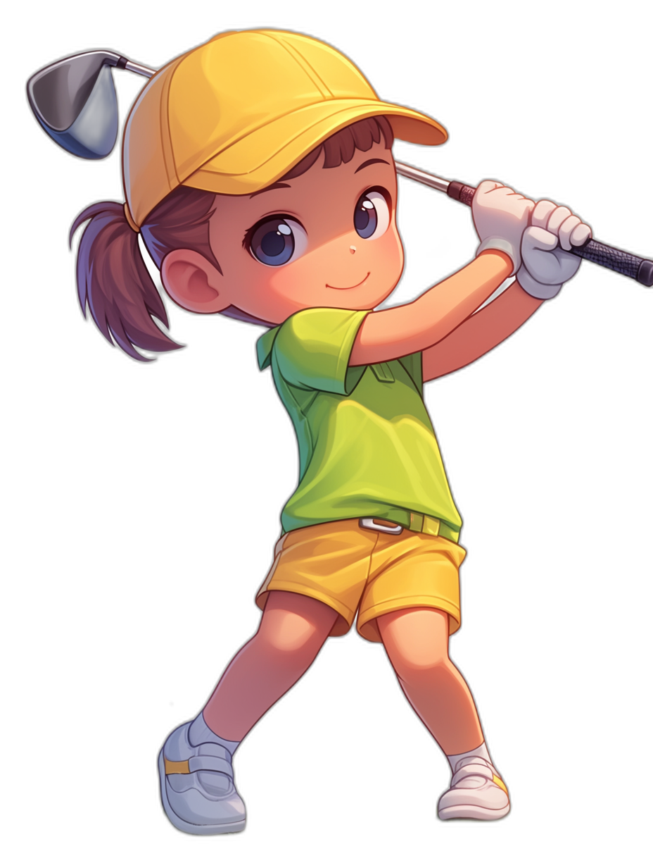 A cute little girl playing golf, wearing a yellow cap and green t-shirt with white shorts, against a black background, in the cartoon style, like simple 2D game art, with a simple design and bright colors, at a high resolution with rich details, playing happily and hitting a golf ball in the air while holding a driver club in her hand, in the style of game art.