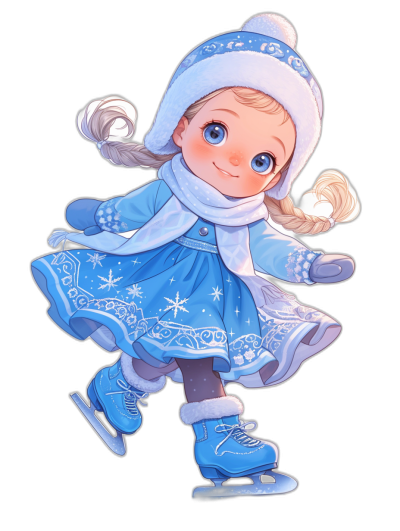 A cute little girl in an ice skating costume, wearing a blue dress with a white snowflake patterned decoration and hat. She has light gray hair braided into two pigtails, big bright eyes, and rosy cheeks with a smiling expression. It is a full body portrait in the style of a sticker style illustration on a black background.