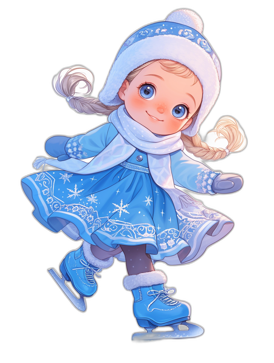 A cute little girl in an ice skating costume, wearing a blue dress with a white snowflake patterned decoration and hat. She has light gray hair braided into two pigtails, big bright eyes, and rosy cheeks with a smiling expression. It is a full body portrait in the style of a sticker style illustration on a black background.