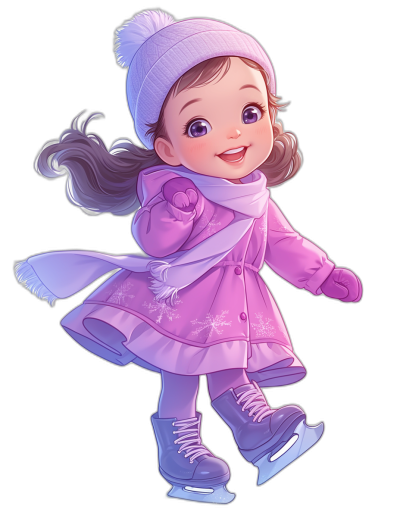 A cute little girl wearing a purple coat, pink scarf and hat is ice skating on a black background in a cartoon style, 2D illustration, cute style, high quality, colorful, detailed , detailed facial features, a full body shot, high resolution, in the style of Disney Pixar animation, high detail, high definition.