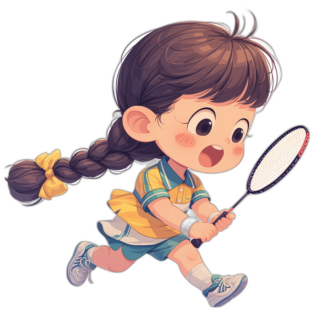 A cute little girl playing badminton in a chibi style character design with a dark background. She has long brown hair in two braids and is wearing an adorable yellow dress over blue shorts and white sneakers. The scene captures her running towards the net holding onto a racket, radiating joy as she reflects on her game in the style of his.