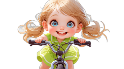 high quality, cute little girl with blonde hair and blue eyes smiling riding her bike in a green dress against a black background, in the style of a cartoon, chibi character, vector art, high resolution, high detail, high contrast, digital painting, high definition, high sharpness, hyper realistic