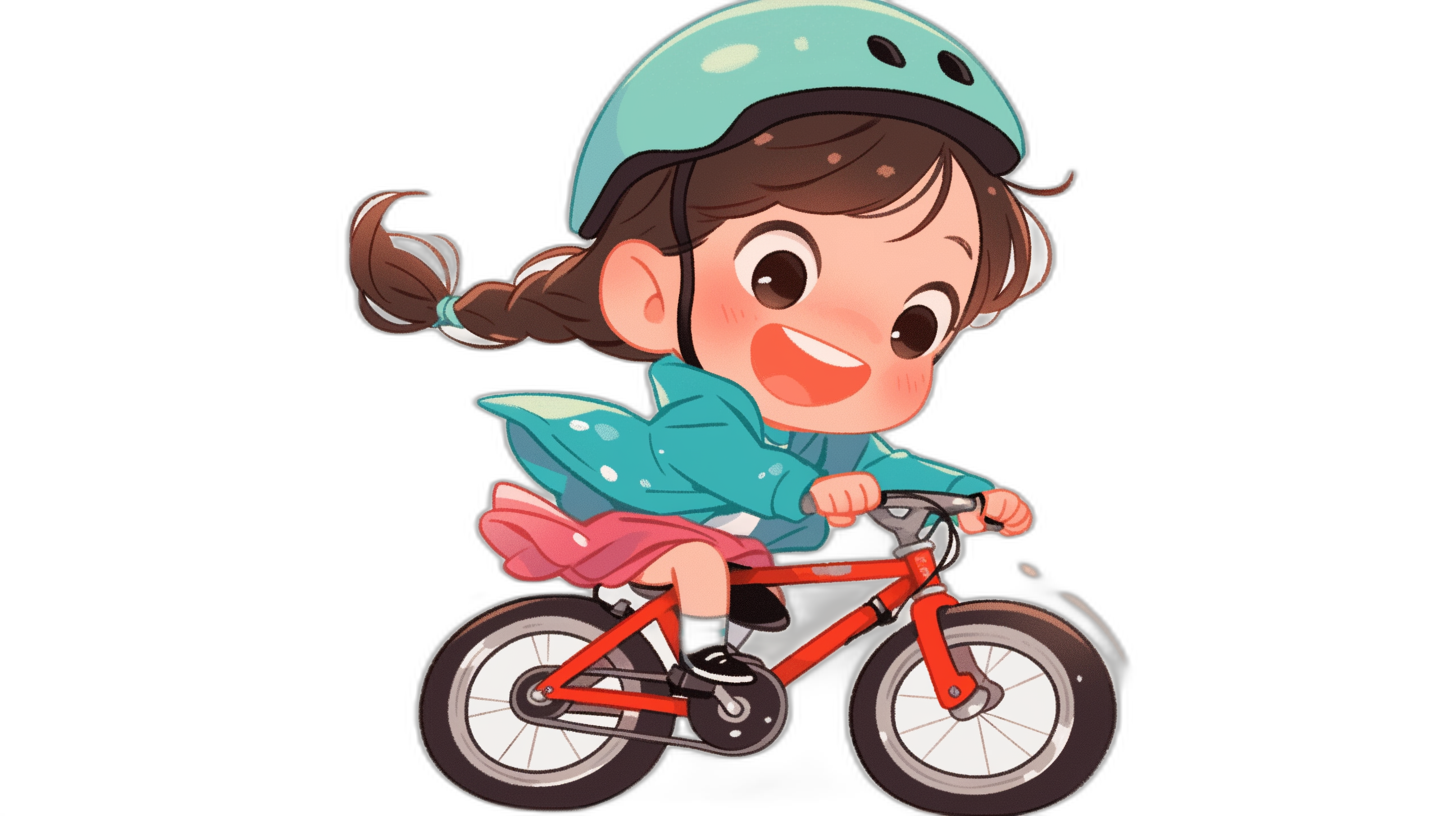 Cute cartoon girl riding a bicycle, wearing a helmet and a blue jacket, against a black background, in a simple style, as a flat illustration, with a chibi character design, in the style of 2D animation, colorful, of high quality, with high detail, best lighting, best color scheme, as a full body portrait, at high resolution, in high definition.