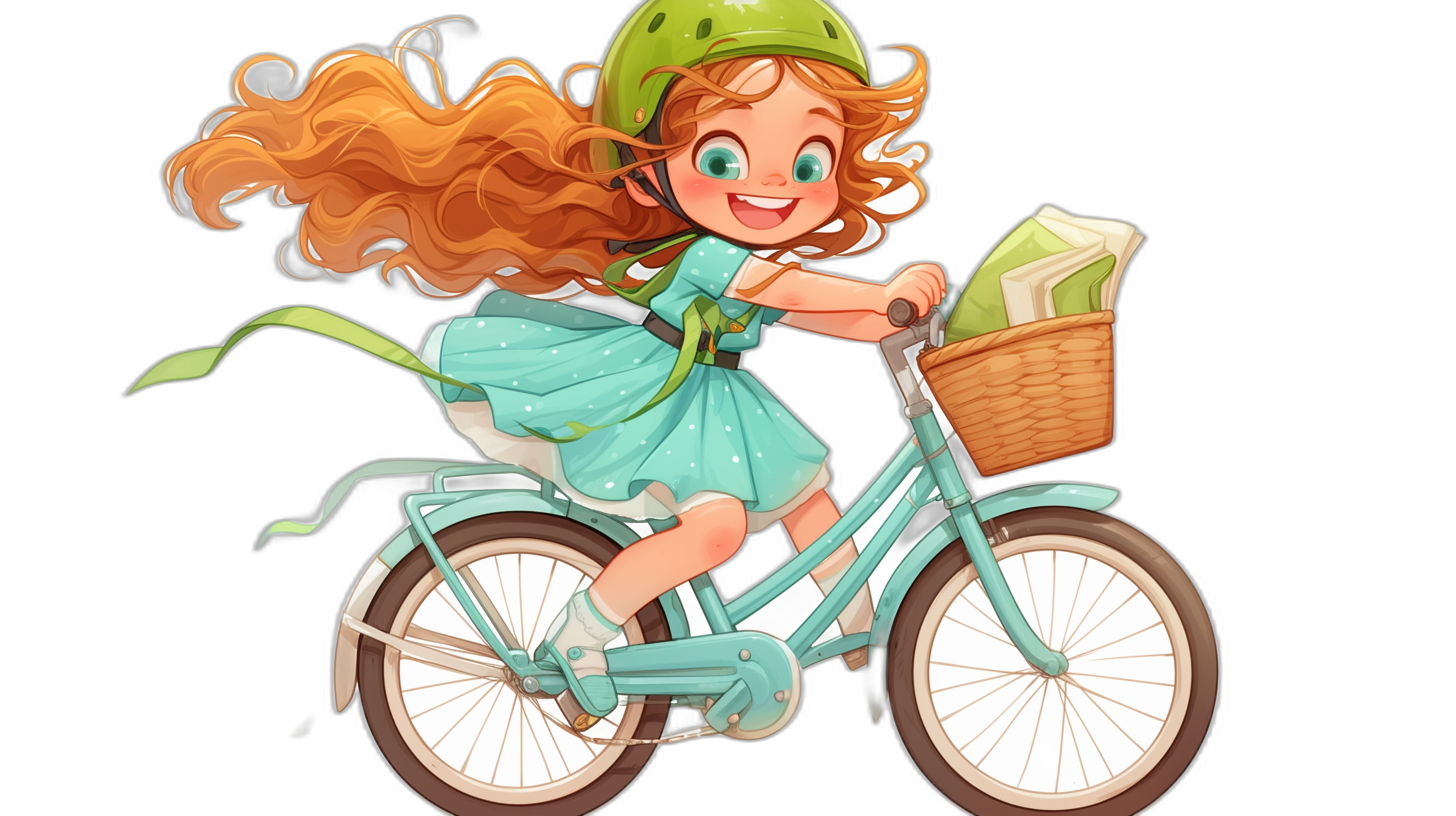 A cute little girl with curly red hair and blue eyes, wearing an emerald green helmet on her head is riding the bicycle in a light turquoise dress and white sneakers. A wicker basket attached to one side is filled with books. Cartoon style character design in the style of ArtStation. Isolated on a black background.