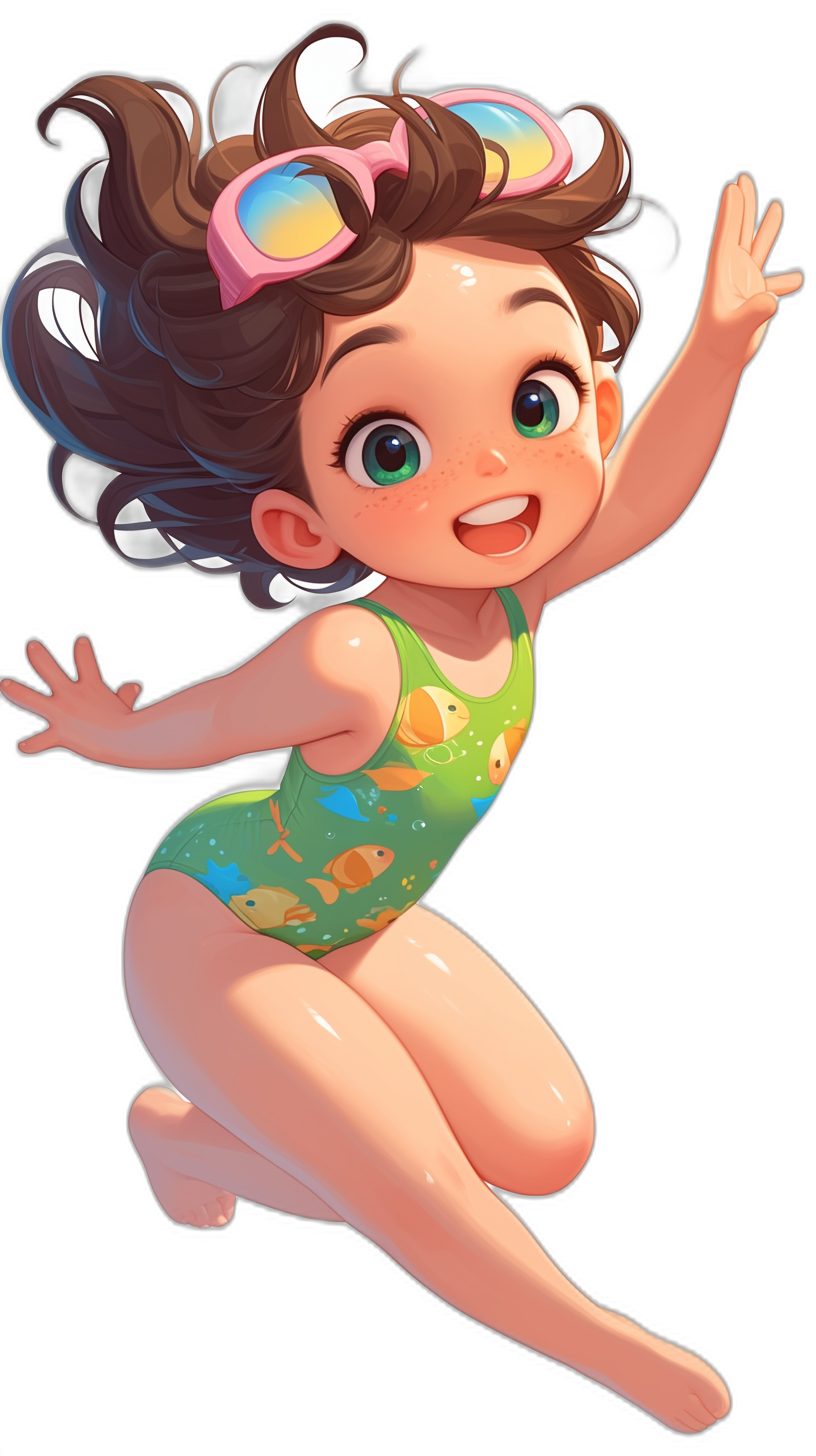 A cute little girl in a swimming suit jumping, with big eyes of different colors and brown hair, wearing a colorful detailed dress, in the cartoon style, on a black background, digital art in the style of Disney Pixar studio, with a cute character design, character concept.