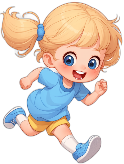 A cute little blonde girl with blue eyes and hair in pigtails is running, wearing yellow shorts and a light blue t-shirt, smiling happily. This is a high resolution, high detail vector style cartoon illustration of a chibi character on a black background, in the style of no outline.