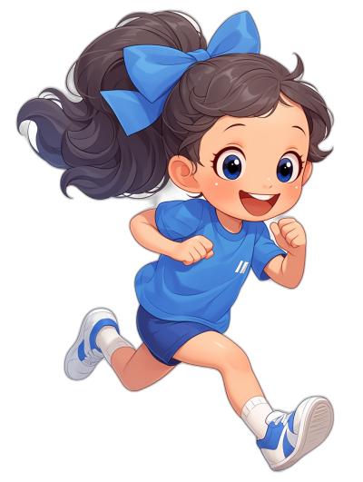 Cute little girl, wearing blue and white sportswear with a ponytail hair style smiling while running in the air. She has big eyes and is dressed in a dark navy short-sleeved sportsuit, in the style of an anime character design, on a black background, in a cartoon illustration style, of high quality.